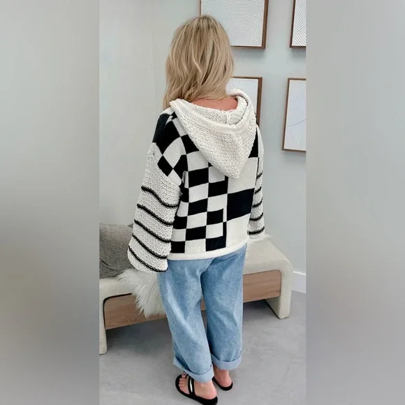 NWOT Mello Brand Hooded Checkered Sweater Sz L - Picture 4 of 16